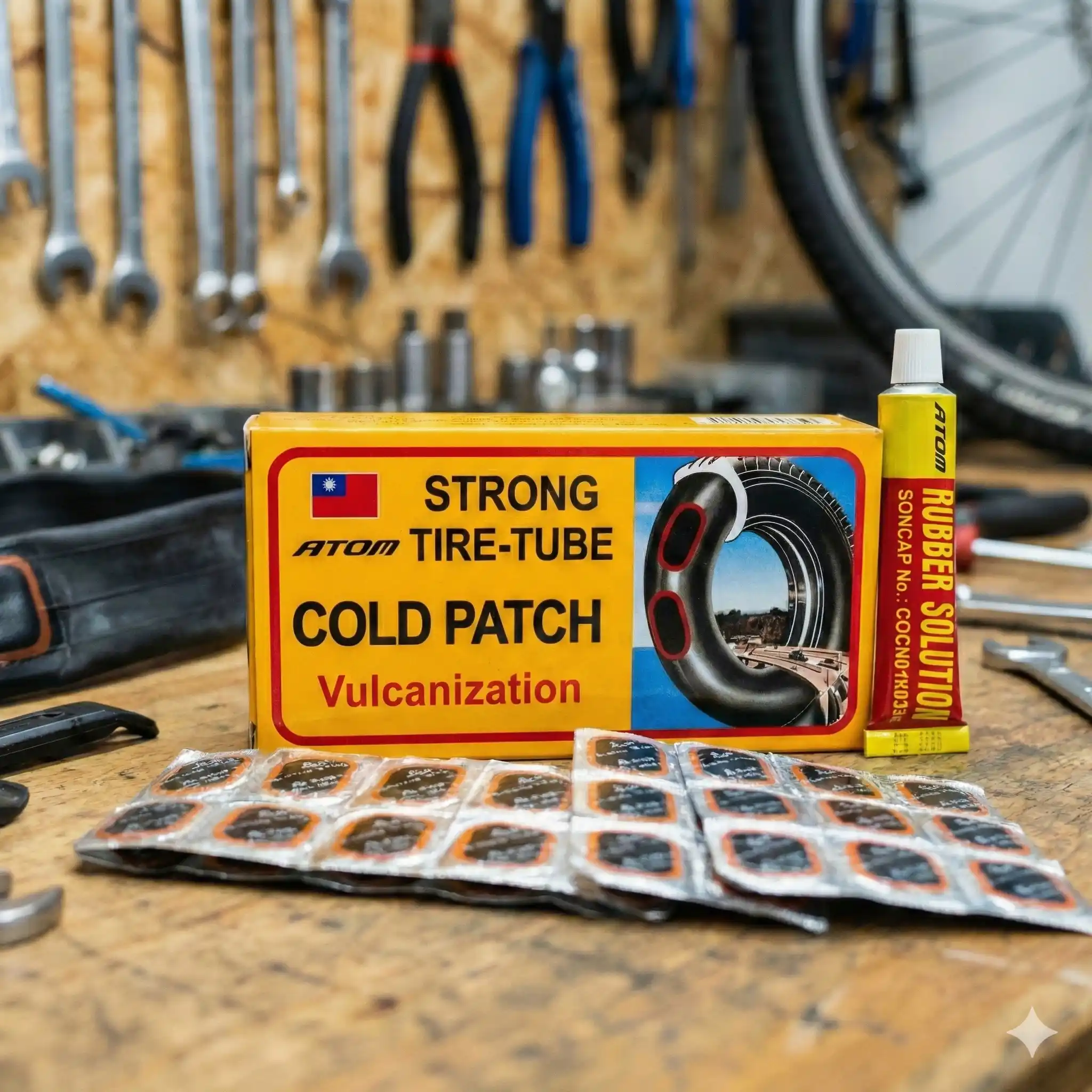 Caja de Parches Atom x 48 Unidades + Solución de Pegamento | Kit de Reparación para Bicicleta